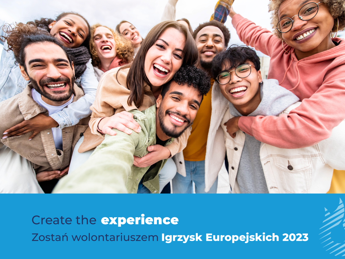 Ilustracja promująca wolontariat w ramach Igrzysk Europejskich 2023. Przedstawia grupę młodych uśmiechniętych osób